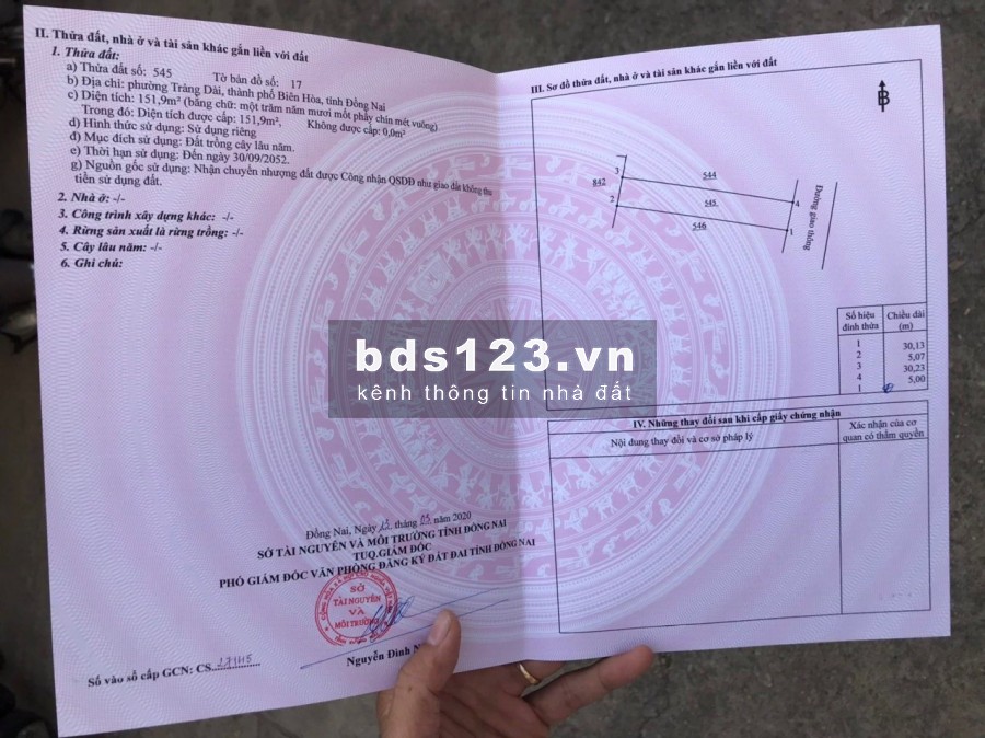 Đất SHR 152m2, H.Đông Nam, gần ngã 4 Nguyễn Khuyến, kp4, Trảng Dài