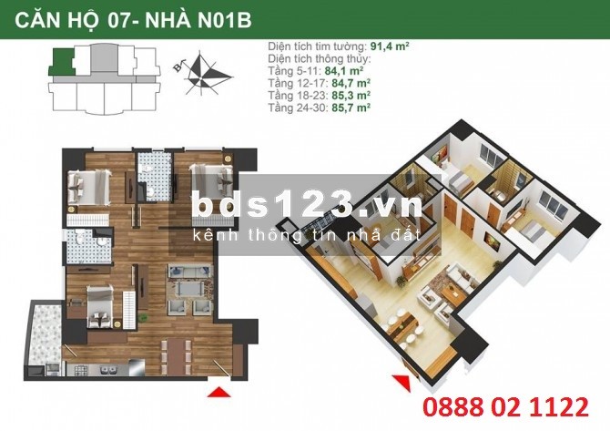 TẦNG ĐẸP- suất ngoại giao 3 ngủ tòa N01B chỉ từ 2.6 tỷ