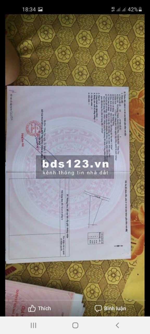 8,8ha huyện châu đức, xã Quảng thành. Nước suối quanh năm trong đất. Chỉ 284 triệu/1000m2 LH: 0907016378