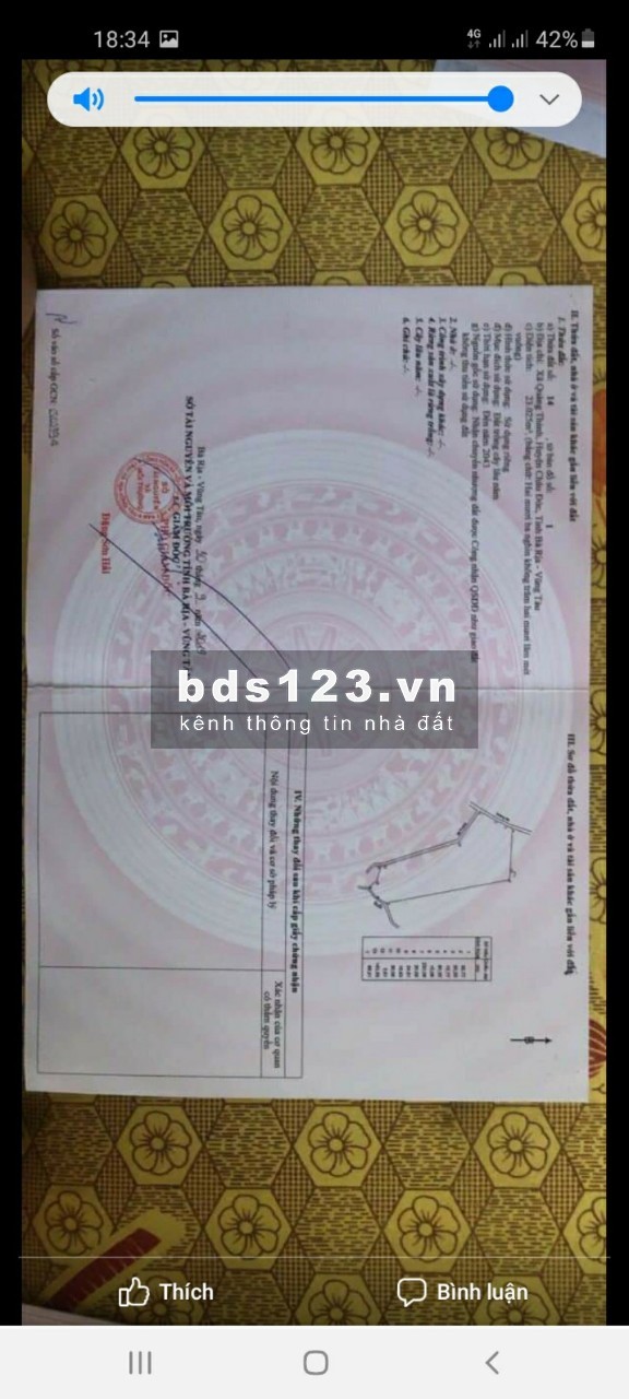 8,8ha huyện châu đức, xã Quảng thành. Nước suối quanh năm trong đất. Chỉ 284 triệu/1000m2 LH: 0907016378