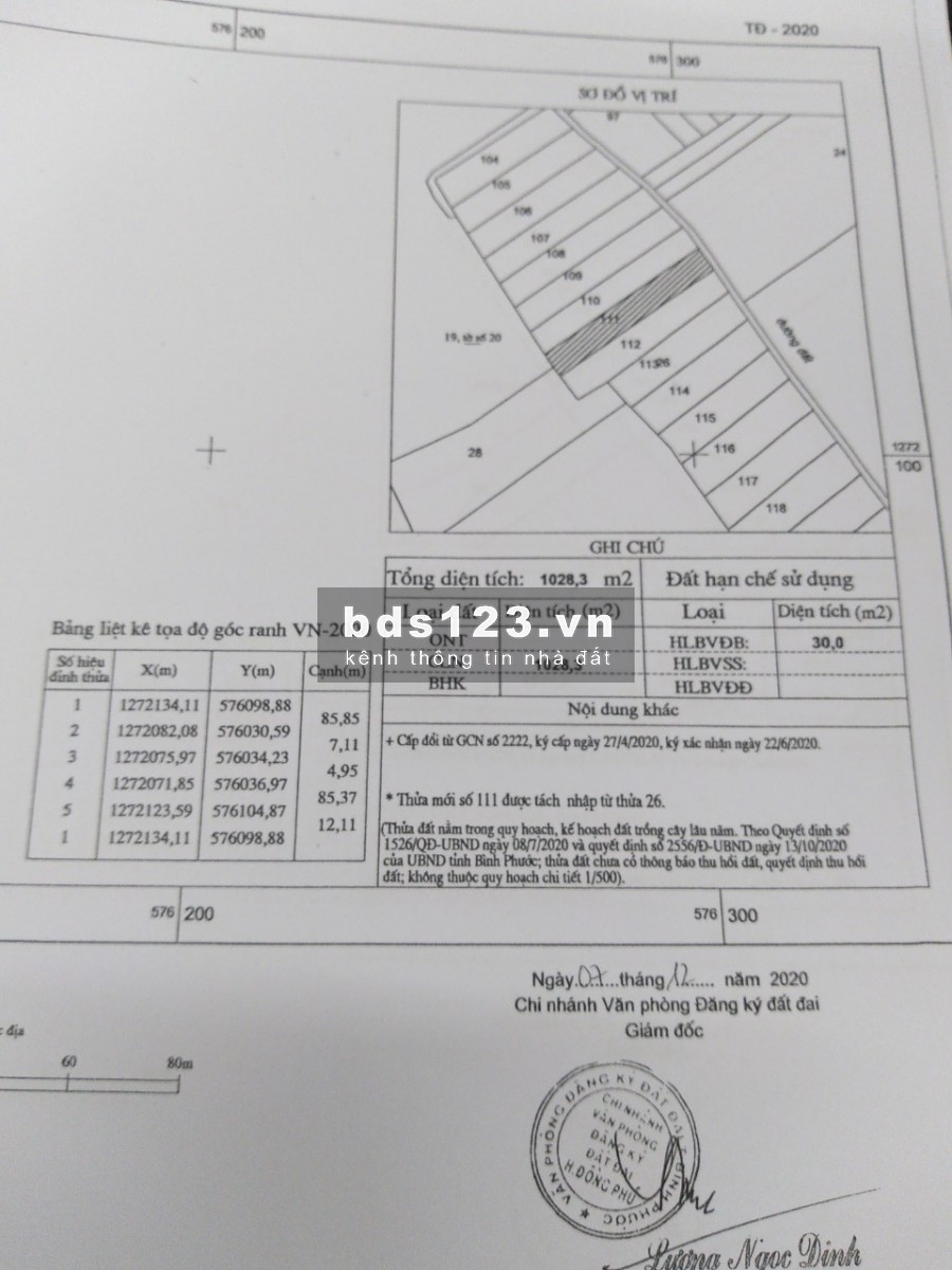 Cần Bán Khu Đất 1028m2, ngang 12m, dài 85m, Xã Tân Phước, Đồng Phú Bình Phước