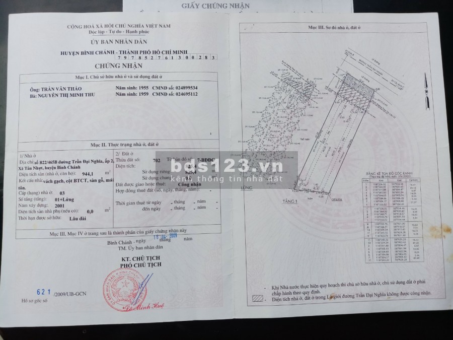 Cần bán nhà đất đã có thổ cư dt 825m2