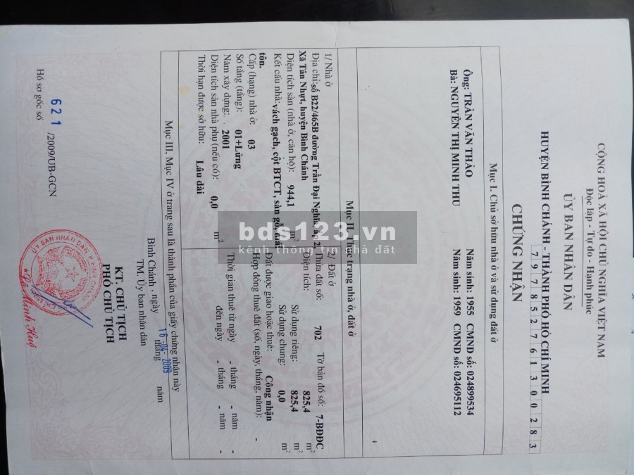 Cần bán nhà đất đã có thổ cư dt 825m2