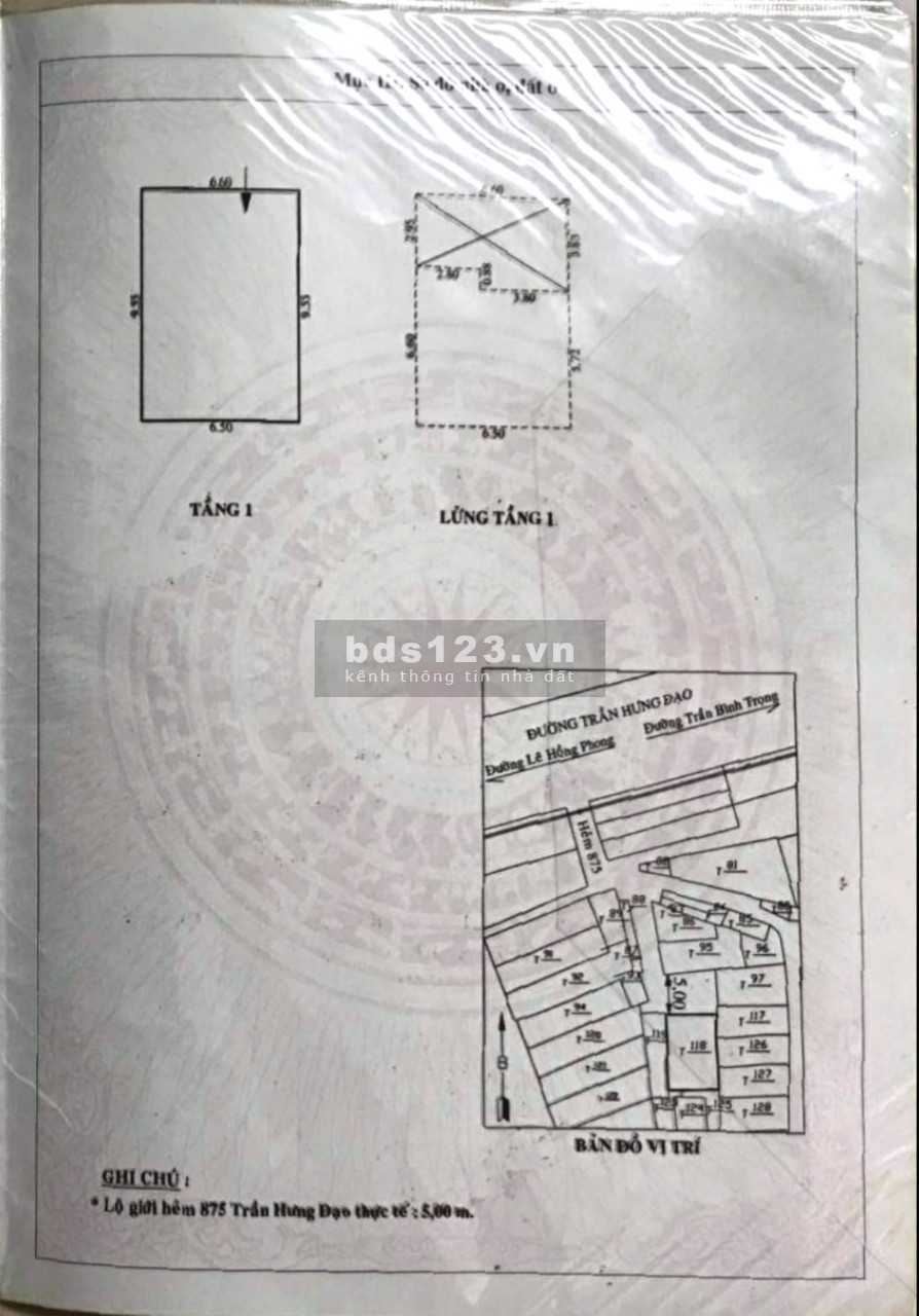 Bán nhà hẻm 875/ Trần Hưng Đạo, Phường 1, Quận 5 Diện tích: 6.5m x 9.5m , công nhận 62,5m2 vuông vức. Kết cấu: trệt lửng