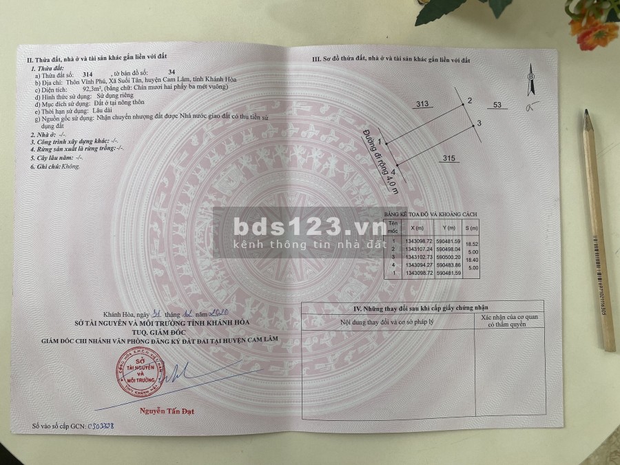Tôi cần bán lô đất cạnh KCN Suối Dầu, Suối Tân, Cam Lâm, Khánh Hòa – Sổ đỏ mới 2020 thổ cư 100%