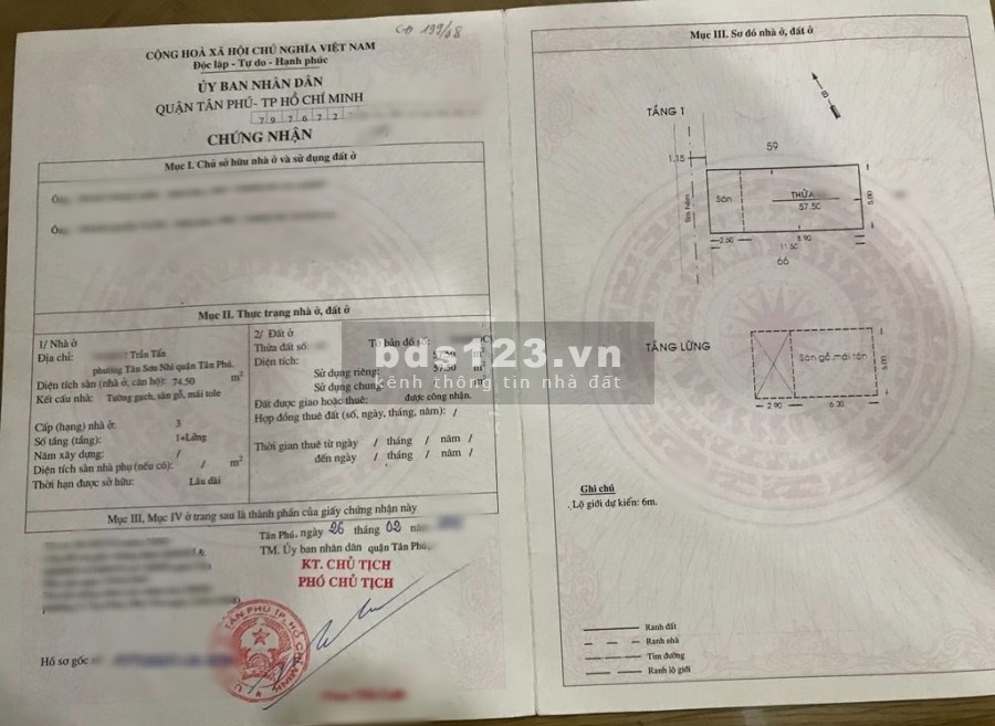 Bán nhà cấp 4 đường Trần Tấn, P. Tân Sơn Nhì, Tân Phú. DTCN 57.5m2, hẻm xe ba gác, thông. Sổ hồng chính chủ