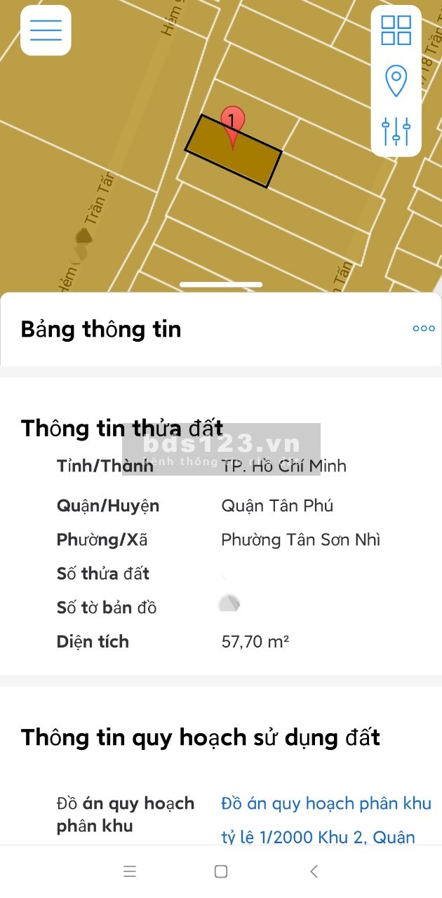 Bán nhà cấp 4 đường Trần Tấn, P. Tân Sơn Nhì, Tân Phú. DTCN 57.5m2, hẻm xe ba gác, thông. Sổ hồng chính chủ