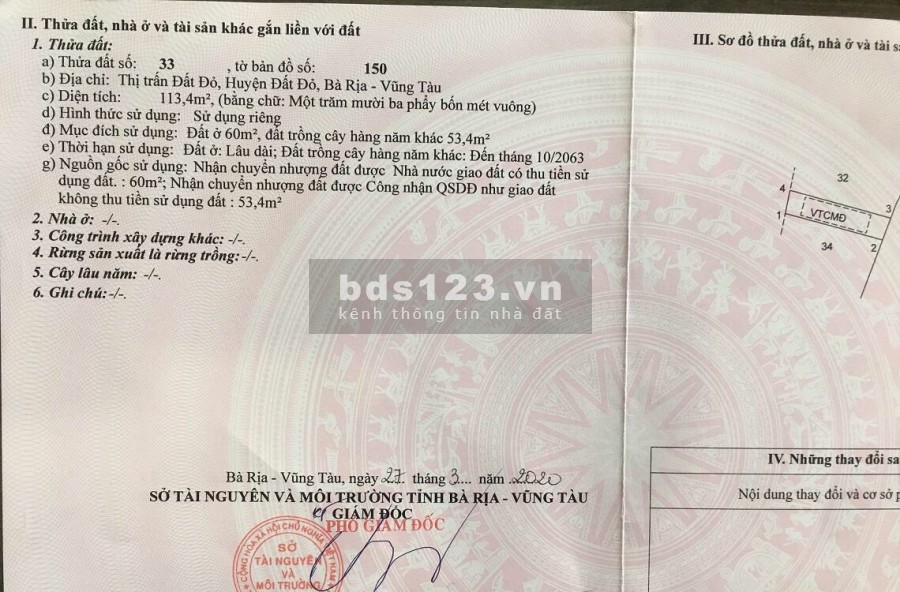 Bán đất thổ cư DT 113m2 mặt tiền 5m, thị trấn Đất Đỏ, tỉnh Bà Rịa Vũng Tàu.