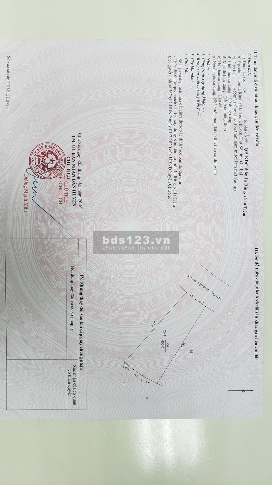 ĐẤT GIÁ RẺ - CHƯ SÊ - GIA LAI . DT: 455 M2 THỔ CƯ - GIÁ 432TR SHR – LH: 0355541445