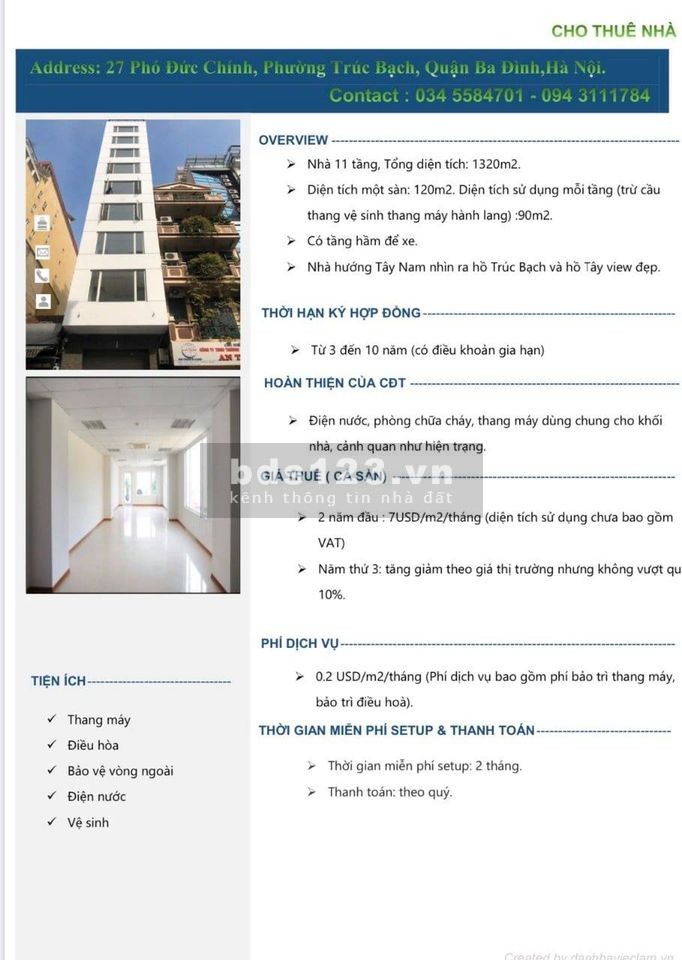 Cho thuê nhà 11 tầng , tổng dt 1320m2, dt 1 sàn 120m2, diện tích sử dụng mỗi tầng trừ cầu thàng 90m2 +Có tầng hầm để xe