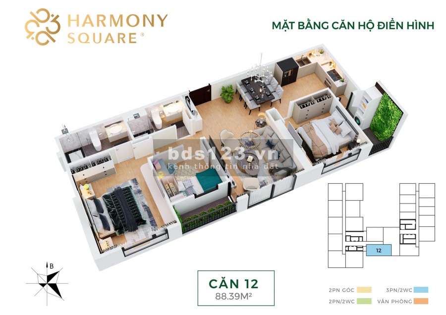 Cần bán căn hộ 88m2, 3 phòng ngủ, ban công Đông Nam, full nội thất. Harmony Square !
