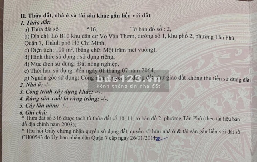 bán đất 5x20m đường 1 chợ tân mỹ phường tân phú Q7+ 13.7 tỷ