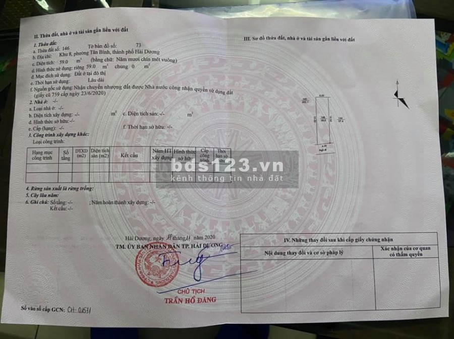 Cần bán lô đất ngõ phố bình Lộc, Hải Dương, Giá bán 995 triệu
