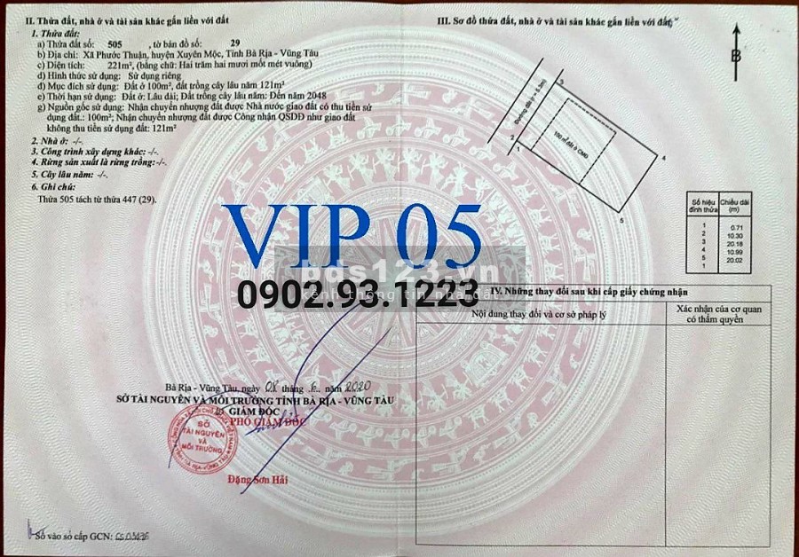 Đất nghỉ dưỡng ven biển Hồ Tràm DT 221m2, TC 100m2, SHR cách biển 1,5km. Giá tốt sinh lời 15tr/m2