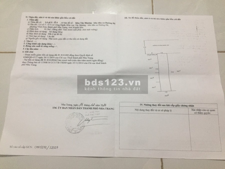Bán đất mặt tiền đường Trần Khát Chân Phường Vĩnh Hoà Nha Trang 82m2 (ngang 4.5m)