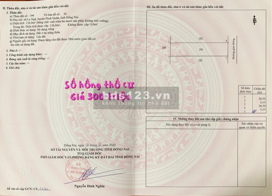 Bán đất thổ cư nằm giáp trường học, giá 300 triệu có sổ hồng riêng
