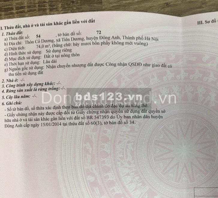 BÁN ĐÂT CỔ DƯƠNG, TIÊN DUONG, ĐÔNG ANH, HN