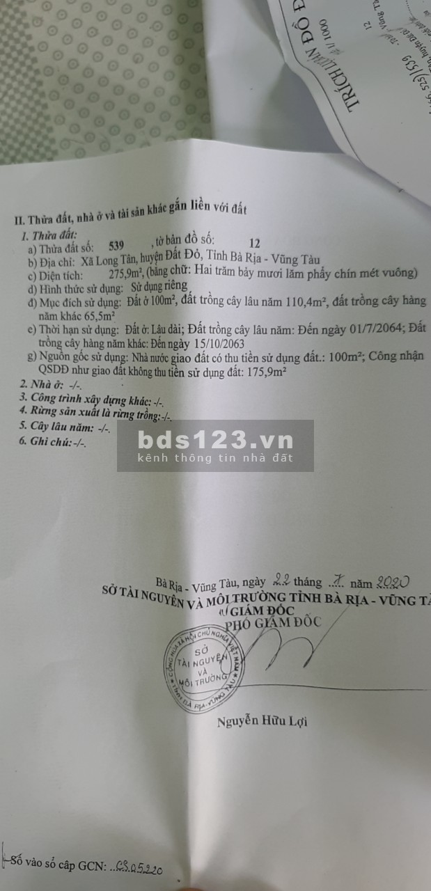 Chính chủ bán lô đất mặt tiền đường nhựa 765, xã Long Tân, huyện Đất Đỏ, BRVT