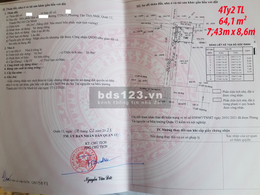 Bán gấp 4 lô đất còn nóng hổi, mới tách sổ ( tháng 2/2021), thuộc phường Tân Thới Nhất, ngay tại trung tâm Quận 12.
