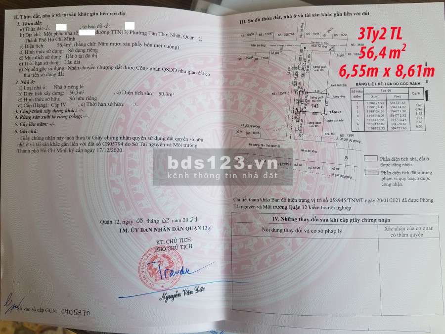 Bán gấp 4 lô đất còn nóng hổi, mới tách sổ ( tháng 2/2021), thuộc phường Tân Thới Nhất, ngay tại trung tâm Quận 12.