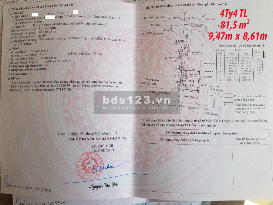 Bán gấp 4 lô đất còn nóng hổi, mới tách sổ ( tháng 2/2021), thuộc phường Tân Thới Nhất, ngay tại trung tâm Quận 12.