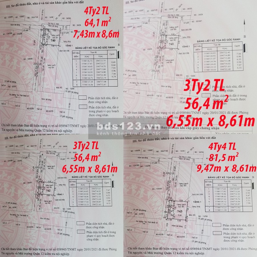 Bán gấp 4 lô đất còn nóng hổi, mới tách sổ ( tháng 2/2021), thuộc phường Tân Thới Nhất, ngay tại trung tâm Quận 12.