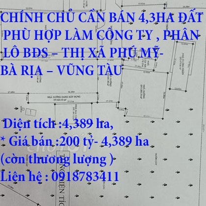 CHÍNH CHỦ CẦN BÁN 4,3HA ĐẤT PHÙ HỢP LÀM CÔNG TY, PHÂN LÔ BĐS THỊ XÃ PHÚ MỸ- BÀ RỊA VŨNG TÀU