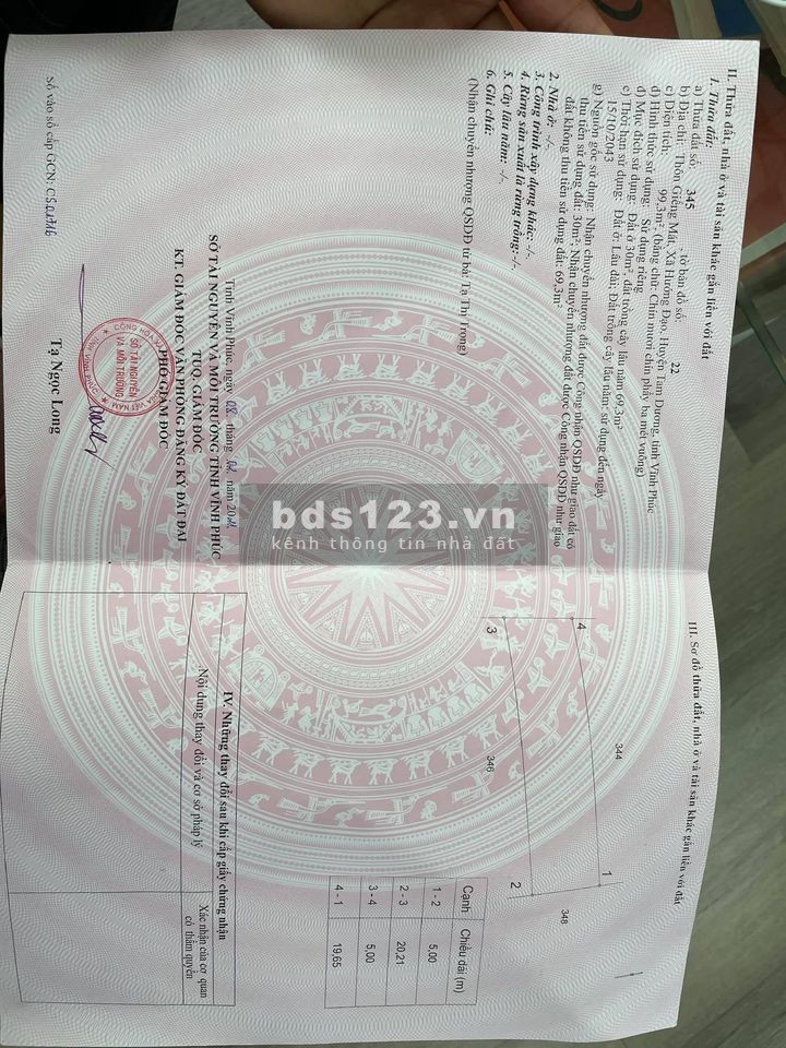 Chính chủ bán nhanh lô đất 2 mặt tiền cạnh trường cấp 1,2 hướng đạo,dt99.3m,lh0967696797.