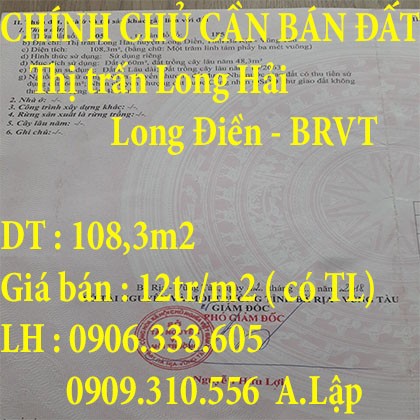 CHÍNH CHỦ CẦN BÁN ĐẤT HUYỆN LONG ĐIỀN – TỈNH BÀ RỊA – VŨNG TÀU
