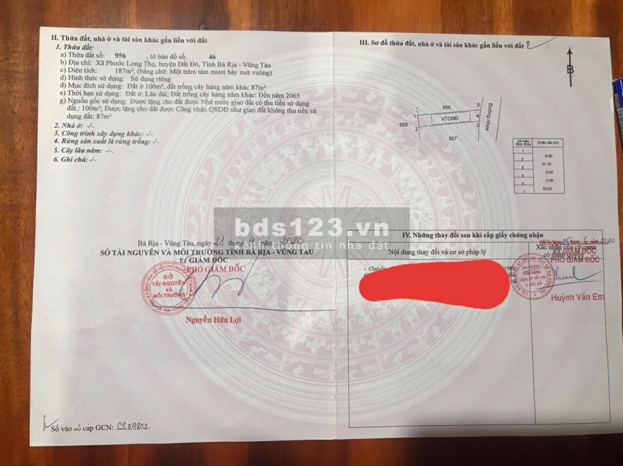 Bán lô đất mặt tiền đường Nguyễn Huệ, Phước Long Thọ, đất đỏ, BRVT
