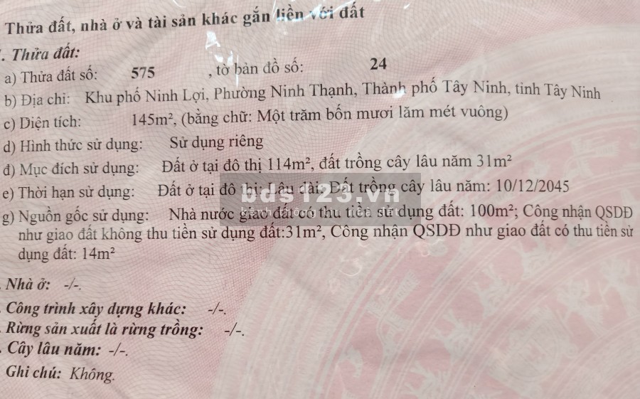 Đất 5x29, Khu phố Ninh Lợi, phường Ninh Thạnh, TP.Tây Ninh