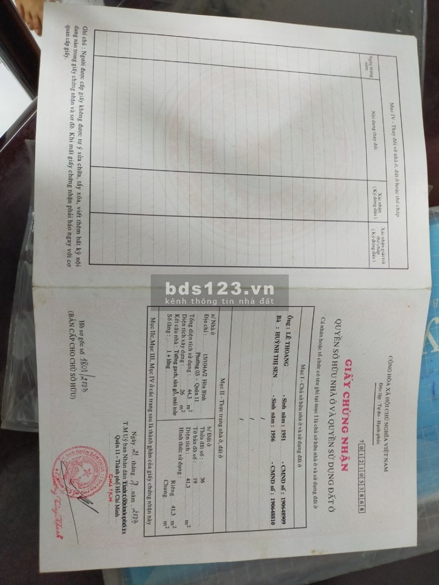 Kẹt tiền bán lỗ gấp nhà cấp 4 có sổ hồng DT 4,5x10 tại hẻm 15 Hòa Bình P3 Q11