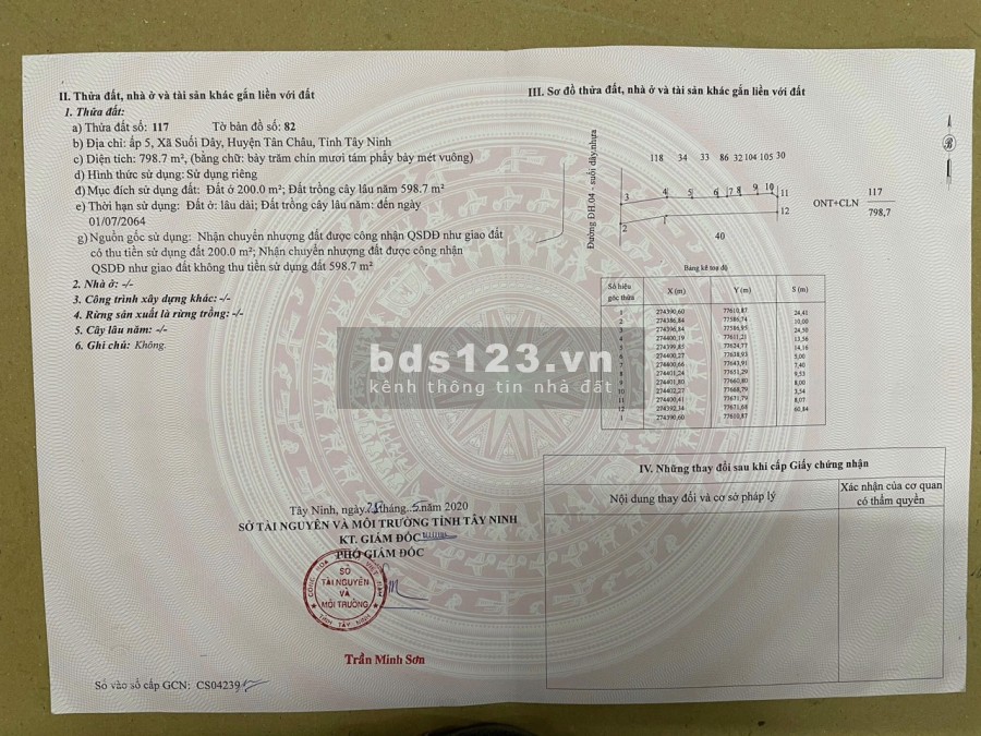 Bán đất Suối Dây-Tây Ninh DT 798.7m², thổ cư 200m²
