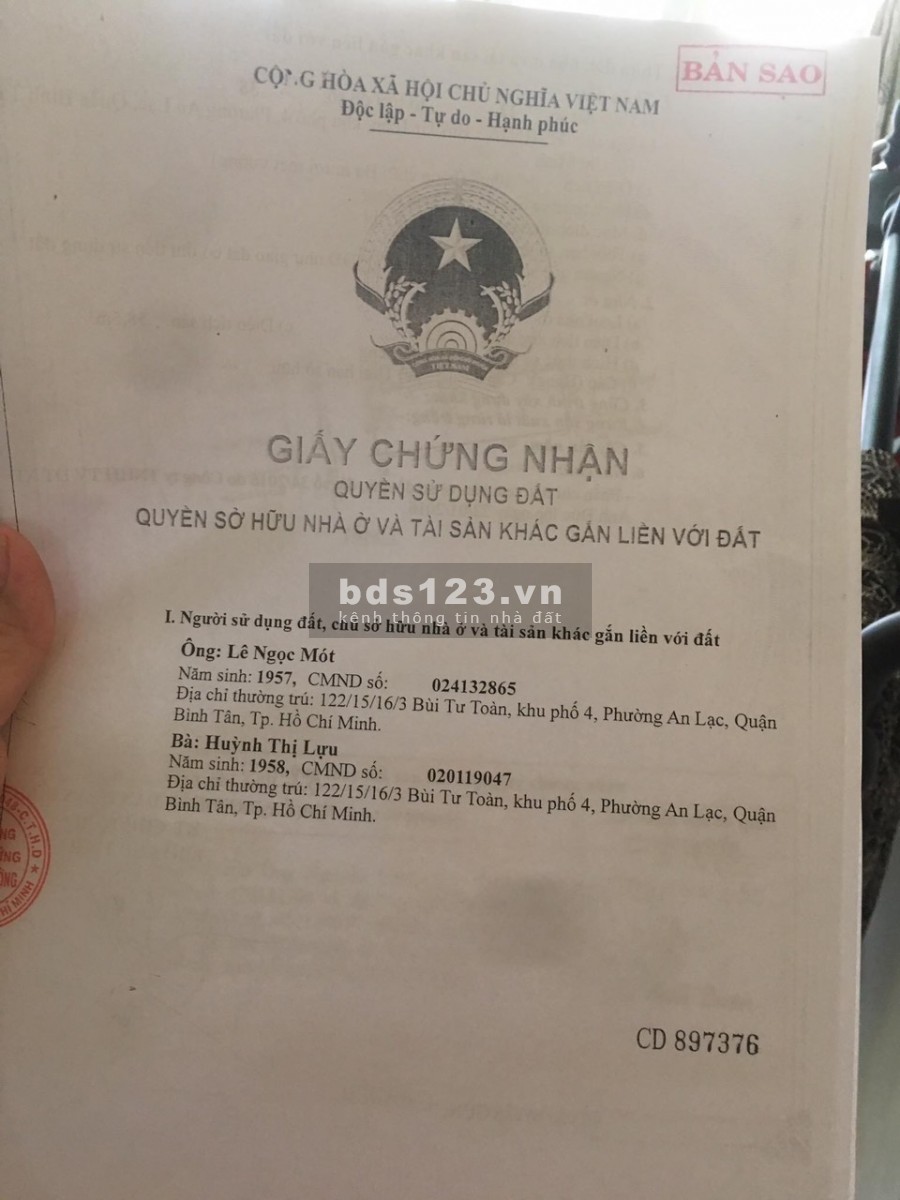 Bán nhà hẻm 122 Bùi Tư Toàn, P.An Lạc, Bình Tân