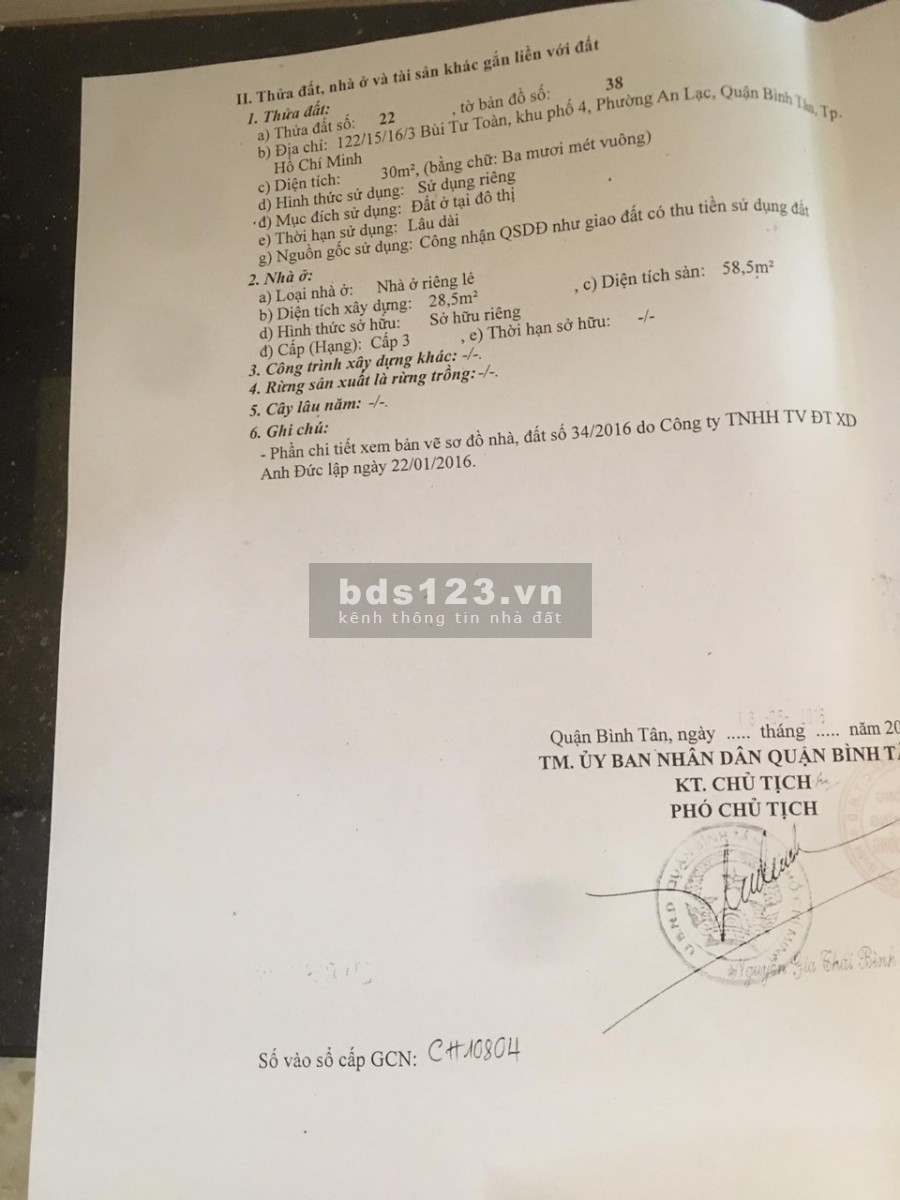 Bán nhà hẻm 122 Bùi Tư Toàn, P.An Lạc, Bình Tân