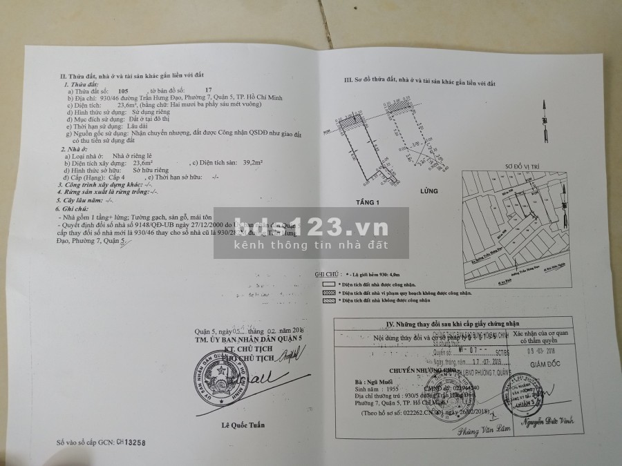 Bán nhà hẻm 4m 930/46 Trần Hưng Đạo P7 Q5. DT: 3x 10m hiện trạng: nhà 1 trệt 1 lầu. HHMG 1%