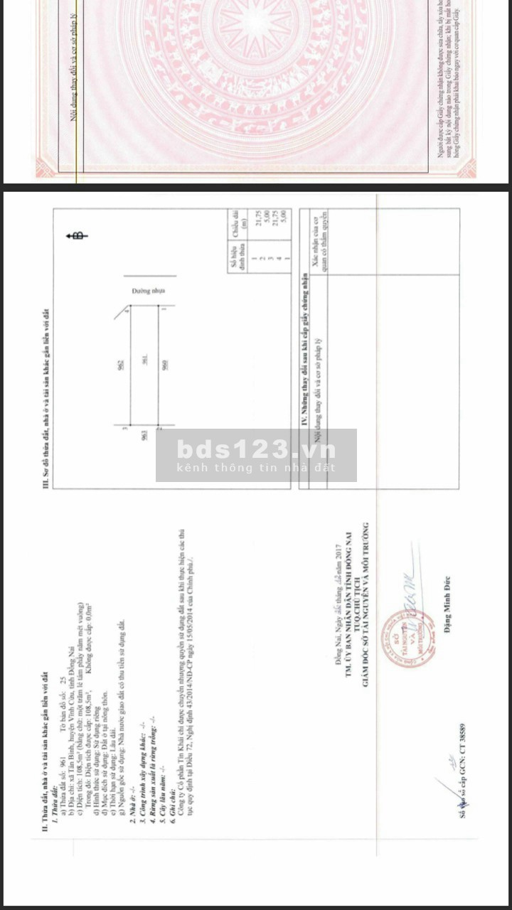 Đất sổ sẵn - Liền kề Tp Biên Hòa - Thổ cư 100% tại Vĩnh Cửu .LH 0949 506 507
