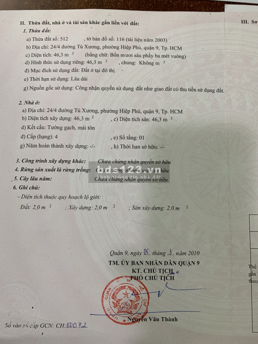Cần bán gấp căn nhà đường Tú Xương ngay Uỷ Ban Nhân Dân Quận 9