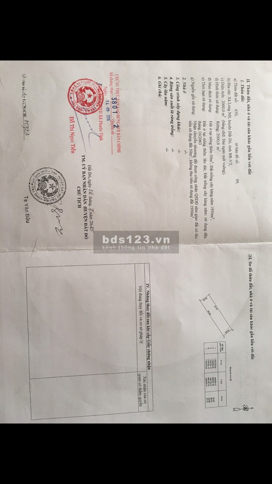 Bán 2 xào đất, mặt tiền đường nhựa, xã Long mỹ đất đỏ BRVT, LH: 0976048232