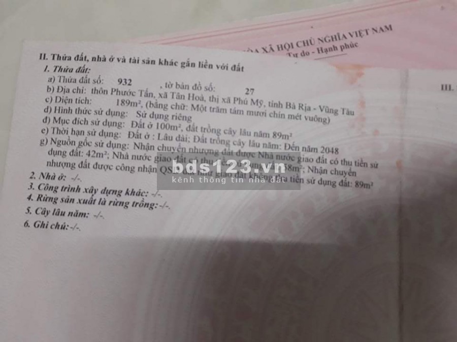 BÁN ĐẤT THỔ CƯ SỔ RIÊNG PHÚ MỸ
