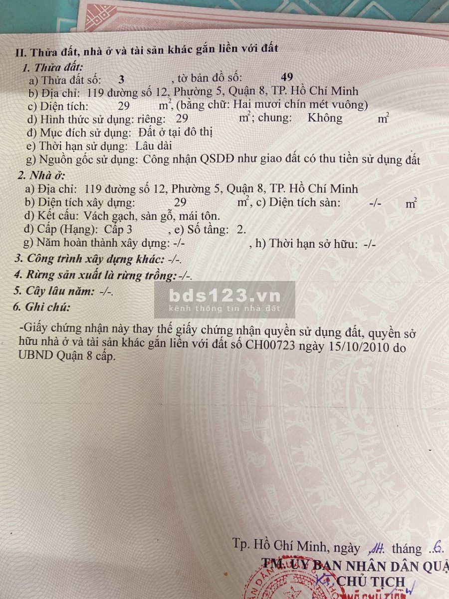 Cần bán nhà mặt tiền 119 Lê Quyên P5 Q8