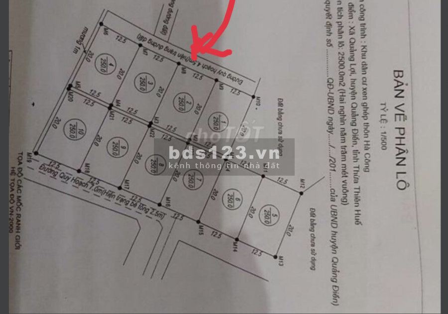 Bán đất KDC huyện Quảng Điền, Huế: Diện tích: 250m2 (12,5x20). Giá 375 triệu.