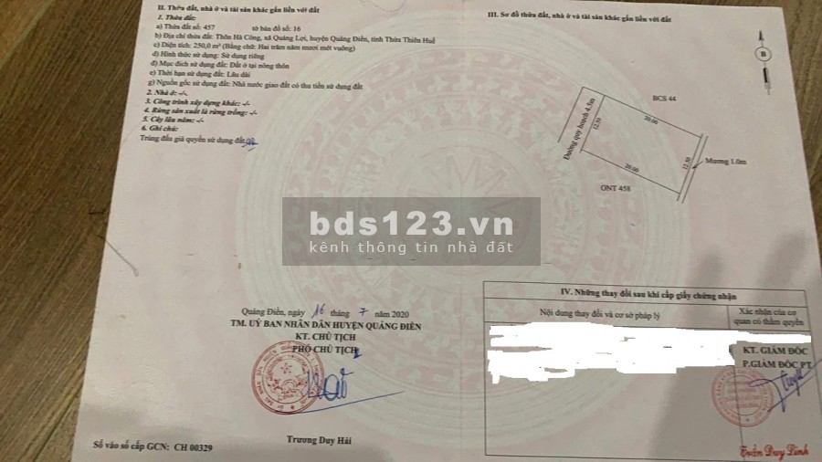 Bán đất KDC huyện Quảng Điền, Huế: Diện tích: 250m2 (12,5x20). Giá 375 triệu.