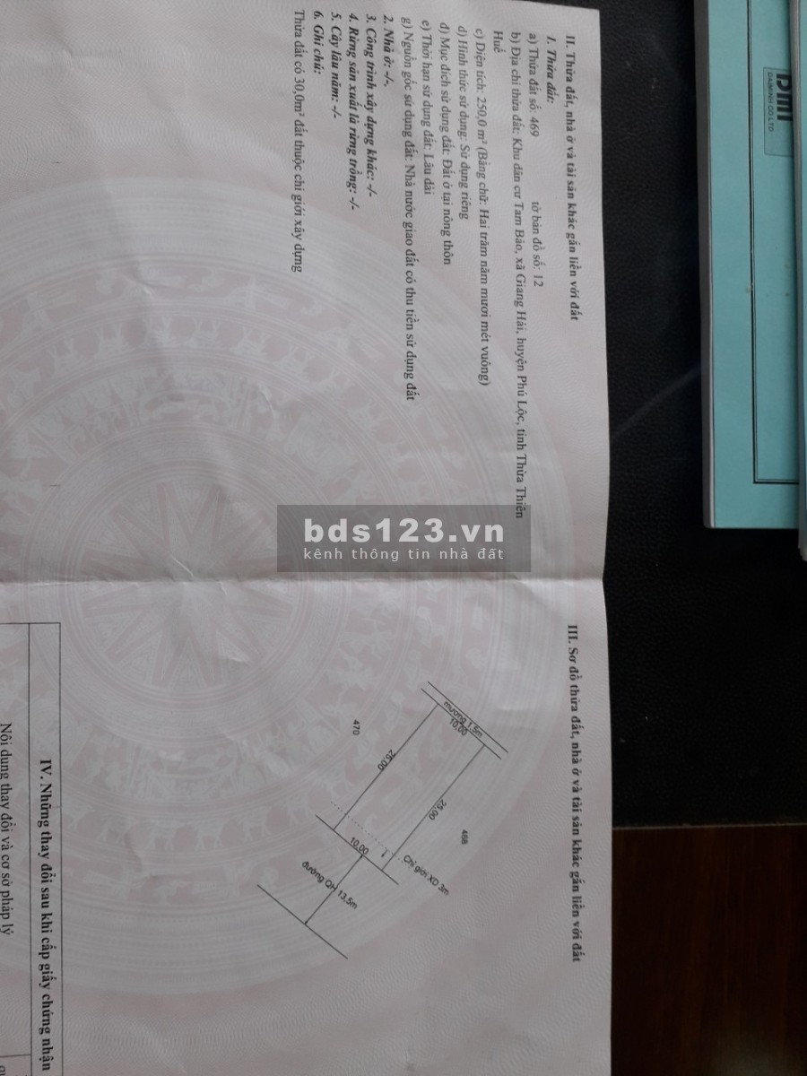 Bán đất KDC Tam bảo, Vinh Giang, Phú Lộc, Huế: Diện tích: 250m2 (10x25). Giá 435 triệu.