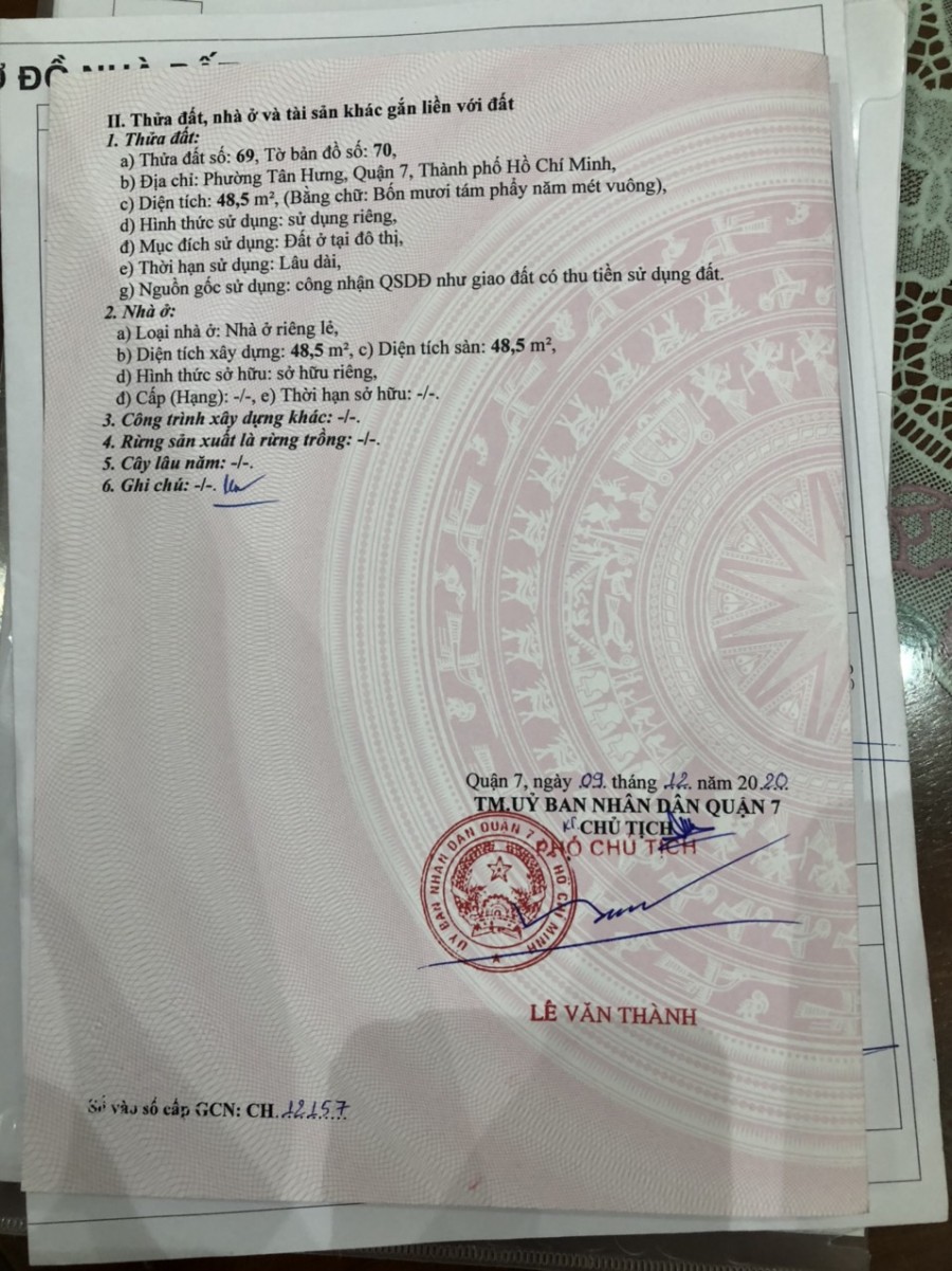 Chính chủ bán nhà hẻm 1041/62 Đường Trần Xuân Soạn, Phường Tân Hưng, Quận 7,TPHCM