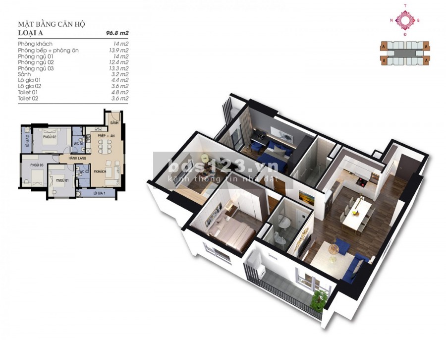 Xuất ngoại giao căn hộ góc 3PN, 97m2, ban công Nam, tầng trung. Giá: 1.950.000.000