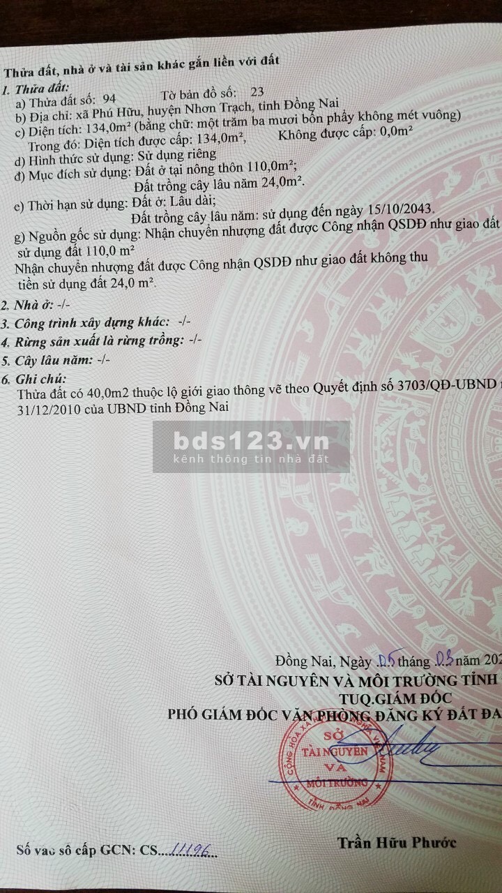 Đất Nhơn Trạch 134m2 mặt tiền Lý Thái Tổ, xã Phú Hữu