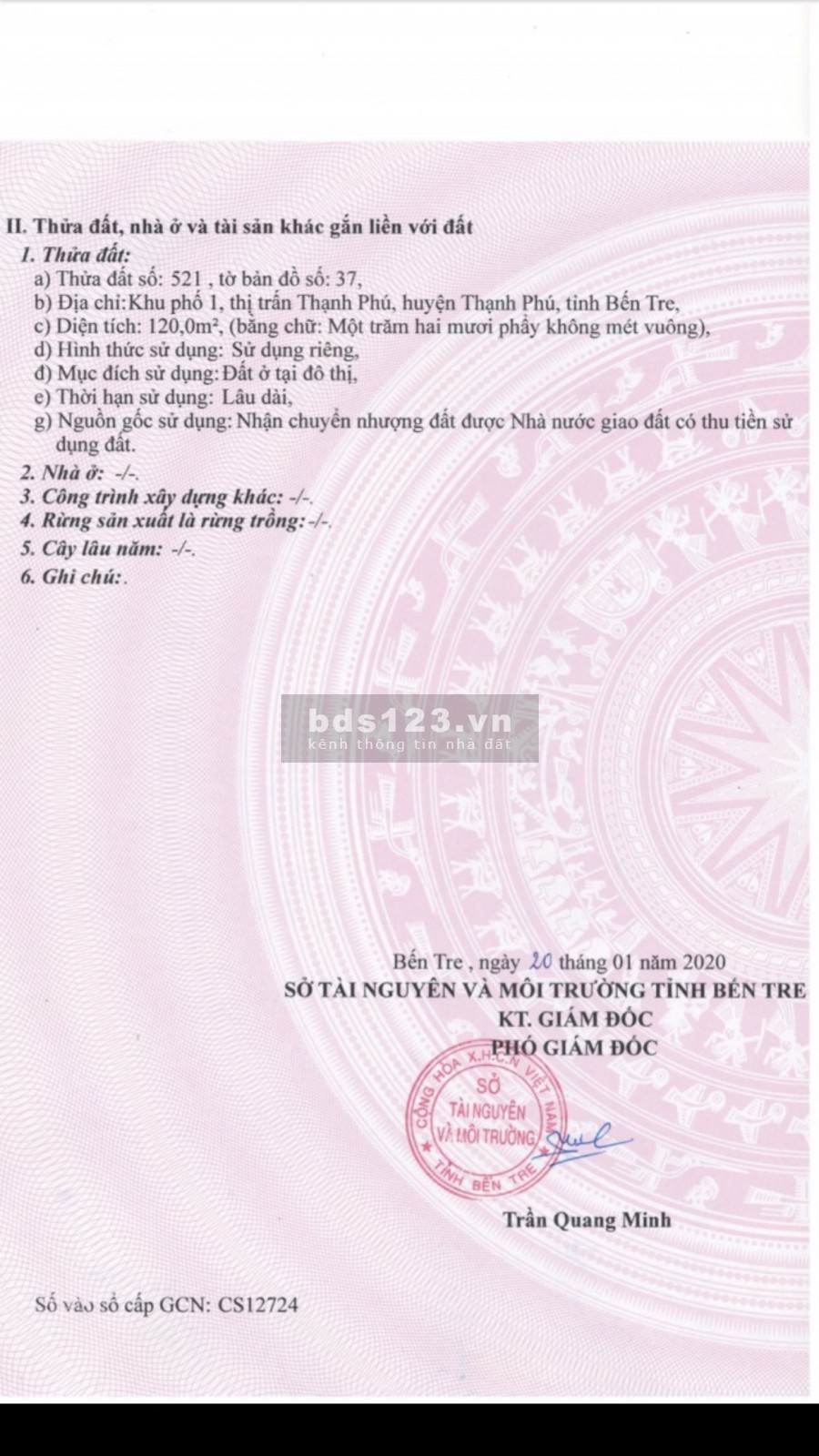 Cần bán nền đất đối diên trung tâm thương mại huyện Thạnh Phú
