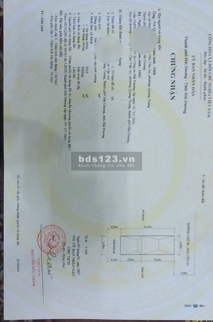 Bán lô đất 2 phố Chu Văn An – Thi Sách, TP Hải Dương, 60.6m2, mt 4.5m, ngõ ô tô