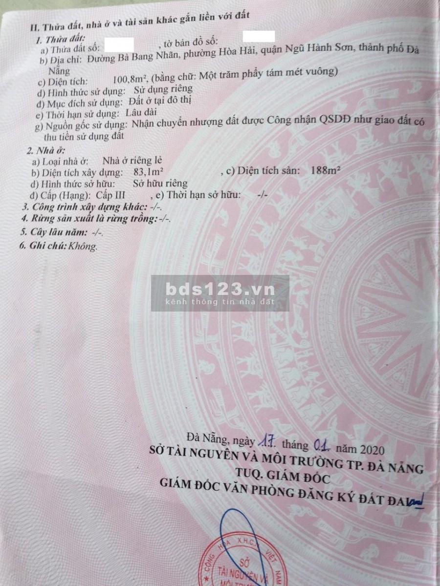 Bán nhà 2,5 tầng MT Bà Bang Nhãn, sát Lê Văn Hiến Ngũ Hành Sơn Đà Nẵng